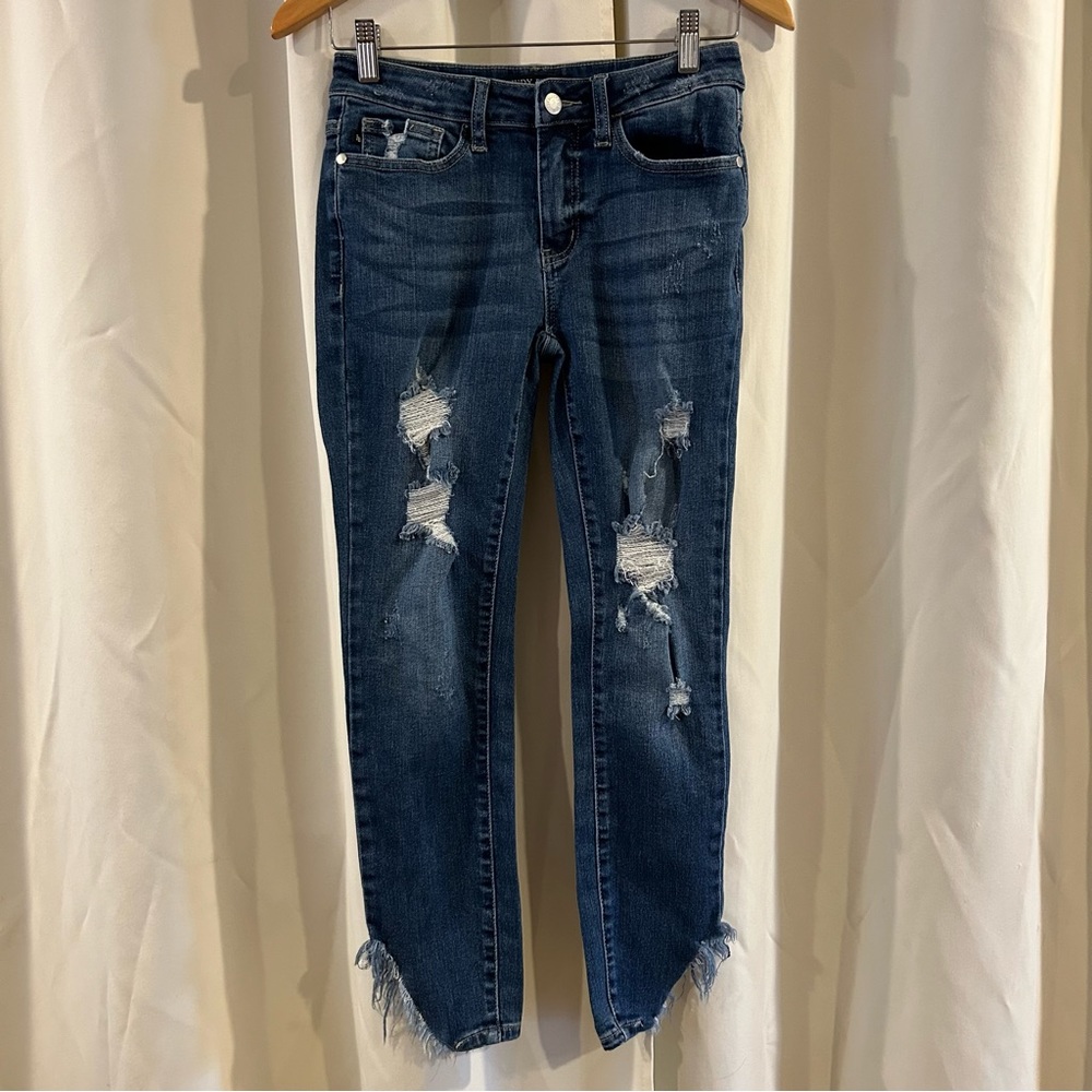Judy Blue Jeans Womens 3/26 Skinny Fit Blue Denim Distressed Raw Hem